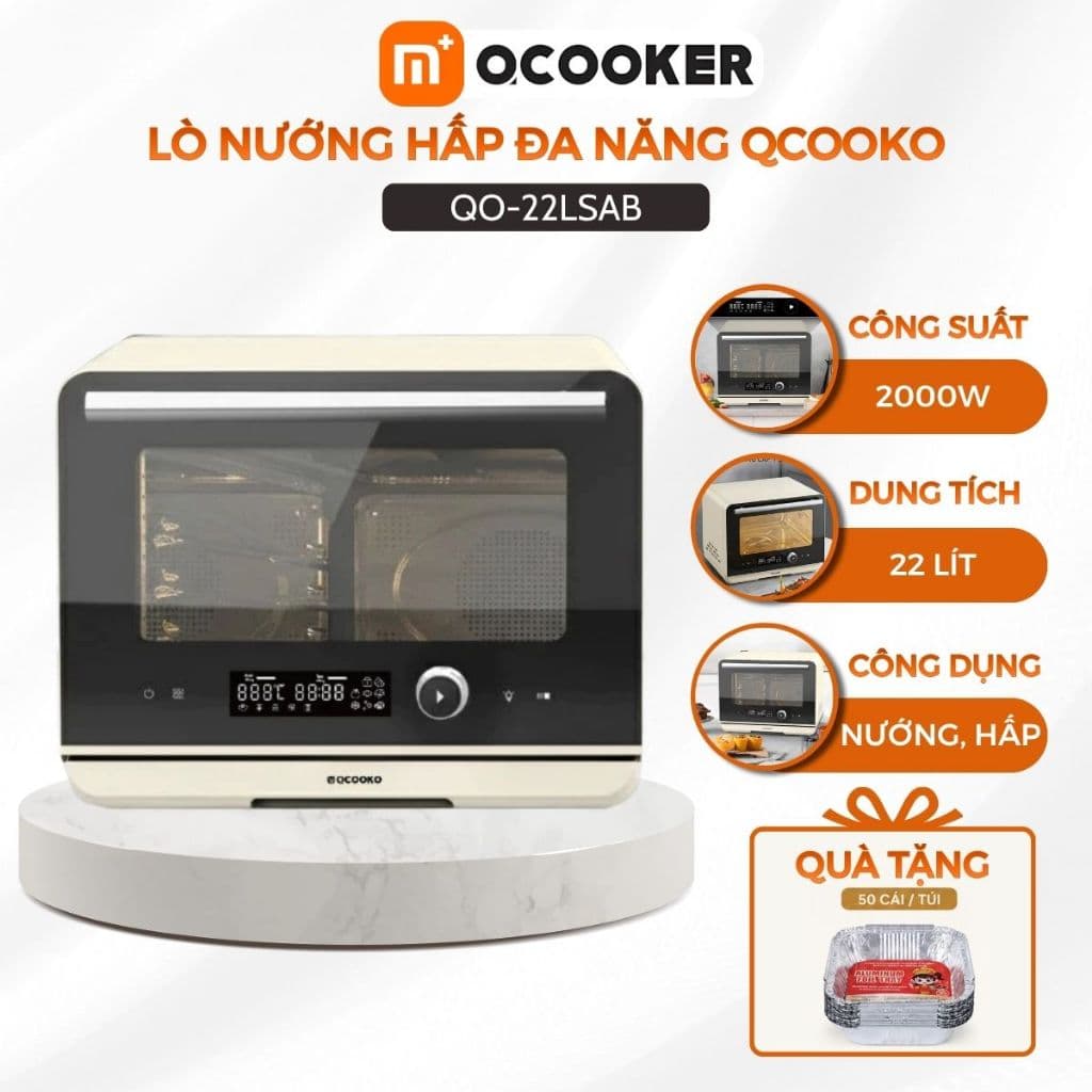 Lò Nướng Hấp Đối Lưu Đa Năng Nồi Chiên Hơi Nước Dung Tích 22L Qcooker Chuyên Dùng Nướng Hấp Làm Bánh