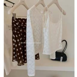 (Dmina YJIA) Set 3 chi tiết gồm set áo ren 2s và cardigan kèm chân váy chấm bi chéo tà 8