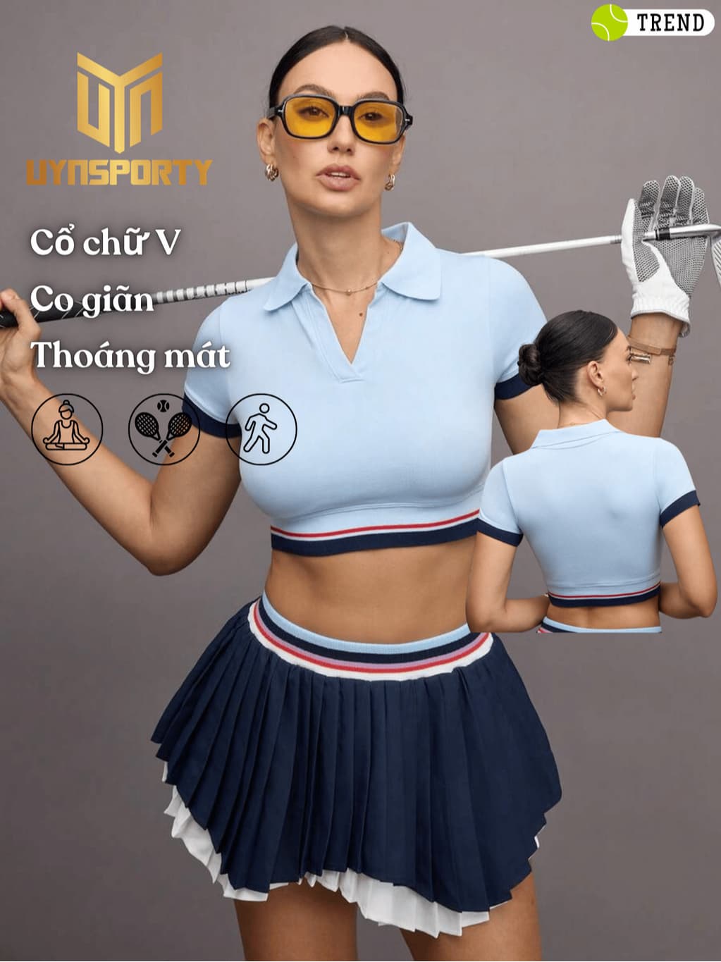 Áo Pickleball Nữ UYNSPORTY Phối Sọc Tay Ngắn Dáng Croptop, Vải Dệt Co Giãn , Áo Thể Thao Nữ