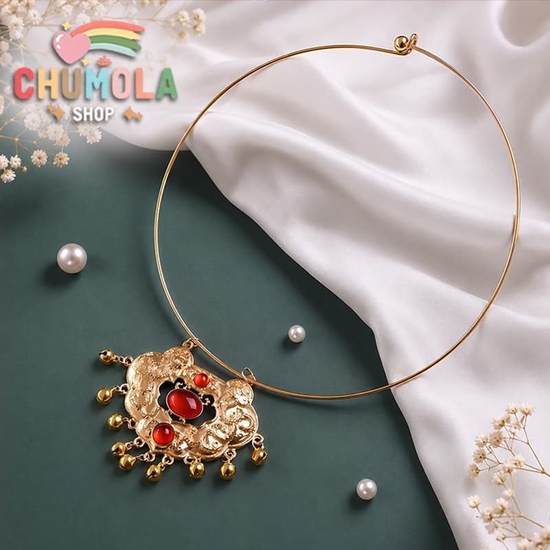 Vòng Cổ Kiềng Bình An Trường Mệnh Cổ Phong Trung Hoa Đính Ngọc Đỏ Vintage Phụ Kiện Hanfu Cổ Trang Cao Cấp