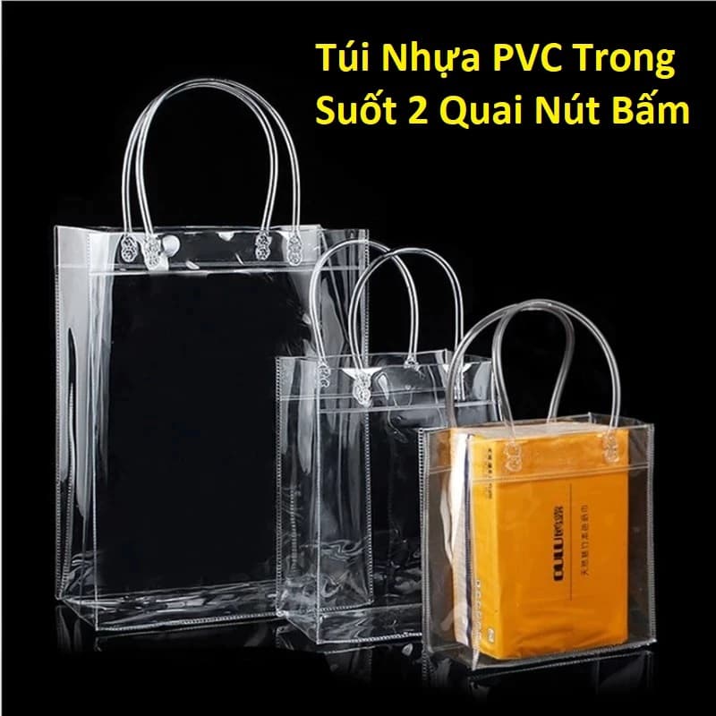 Túi Nhựa PVC Trong Suốt 2 Quai Nút Bấm 20x25x7cm và Túi Trong Suốt Đựng Bình Ly Giữ Nhiệt