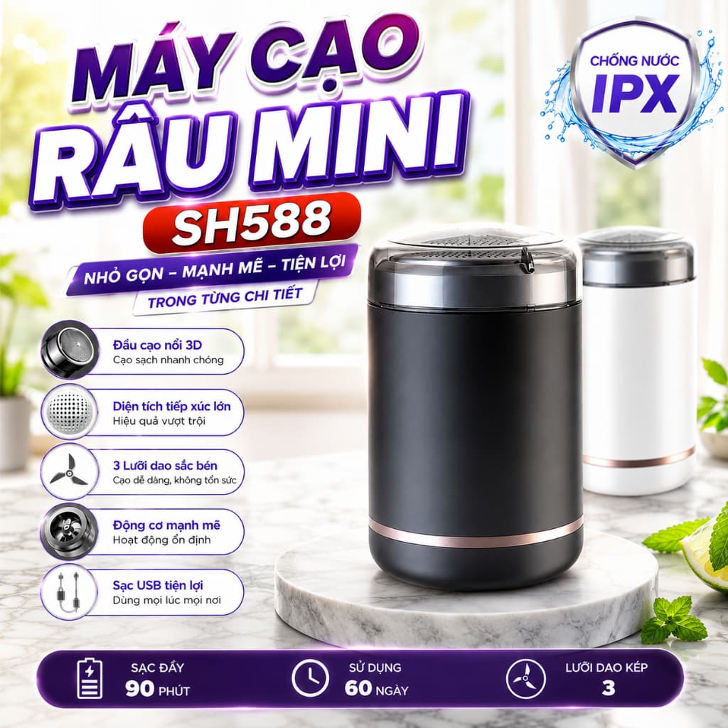 Máy cạo râu nam SH-588 công nghệ Nhật Bản, 3 lưỡi trefoli siêu bén - Dao cạo râu điện mini bỏ túi tiện dụng