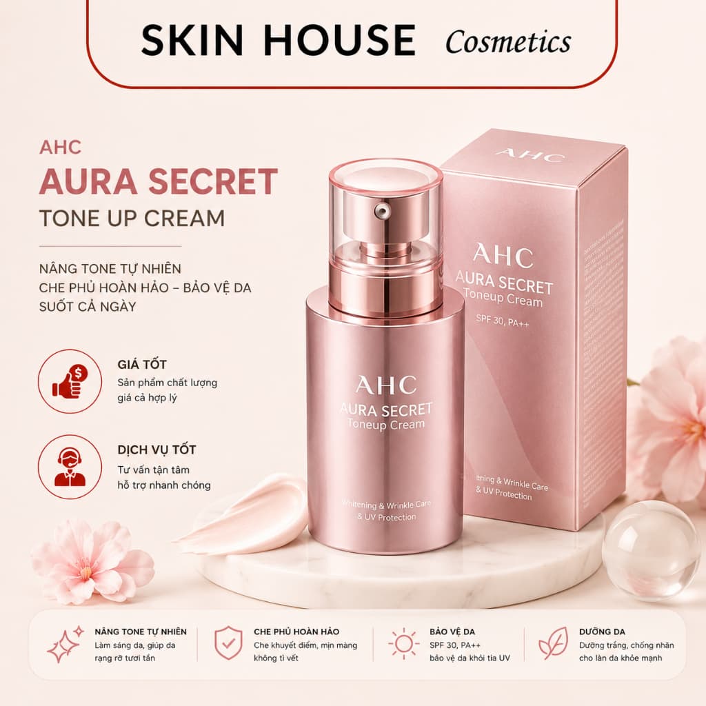 Kem dưỡng nâng tone trắng hồng chống nắng AHC Aura Secret Tone-Up Cream SPF30 PA++ 50g Skin House