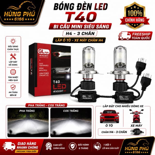 Bóng pha led bi cầu T40 ô tô xe máy