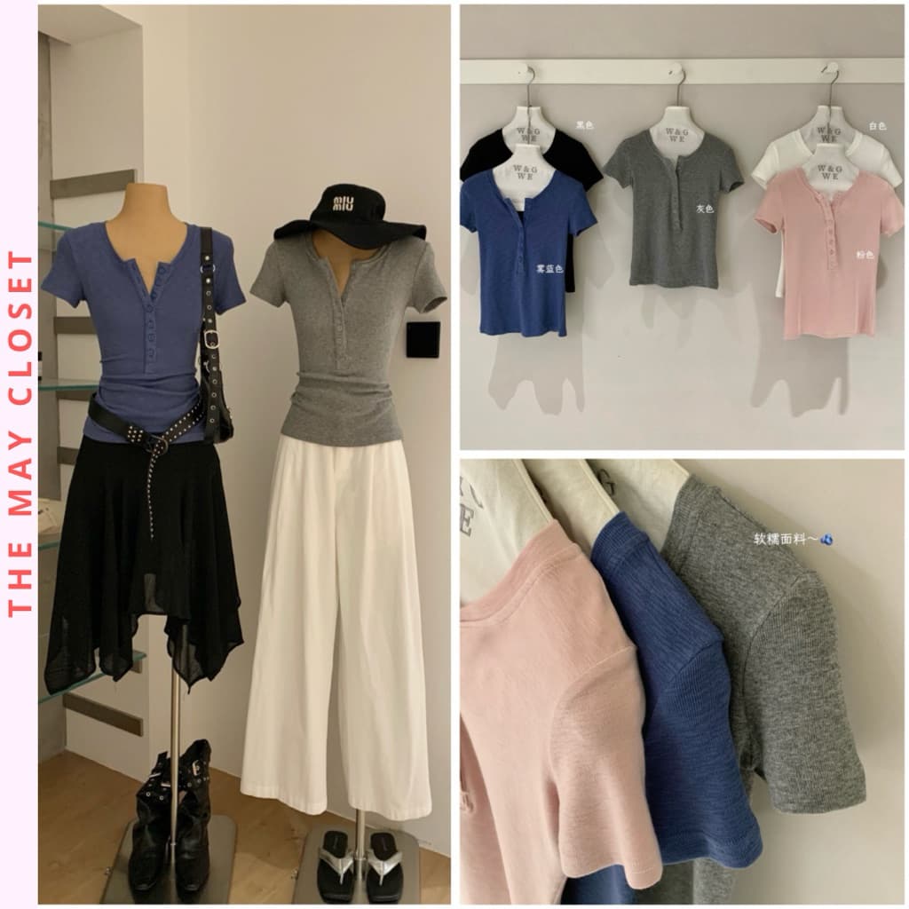 [SẴN] 𝑻𝒉𝒆𝑴𝒂𝒚 x 𝐖𝐆𝐖𝐄/ Áo Thun Cổ Trụ Tàu Nữ Ôm Body WG.WE 9209, Áo Thun Nữ Cộc Tay Cổ Tròn Trơn Cài Cúc Basic