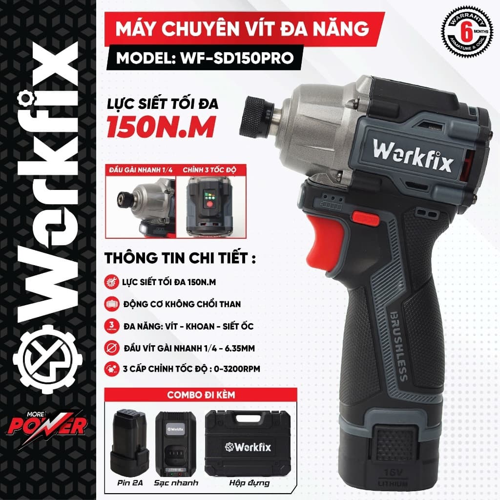Máy chuyên vít pin WORKFIX WF-SD150PRO, Không chổi than, 150Nm, 3200RPM, 3 cấp chỉnh tốc