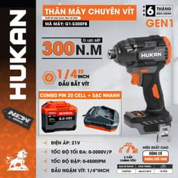 [MẪU MỚI] Máy chuyên vít có búa HUKAN G1-CV300HM, Không chổi than, 300Nm, Tốc độ 3000v/p, 3900 IPM, 3 cấp chỉnh tốc 8