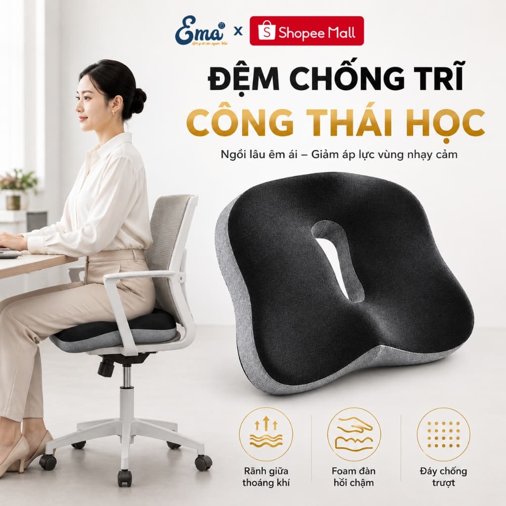 Đệm Ngồi Chống Trĩ Công Thái Học EMA - Cao Su Non Giảm Đau Xương Cụt Cho Dân Văn Phòng & Tài Xế