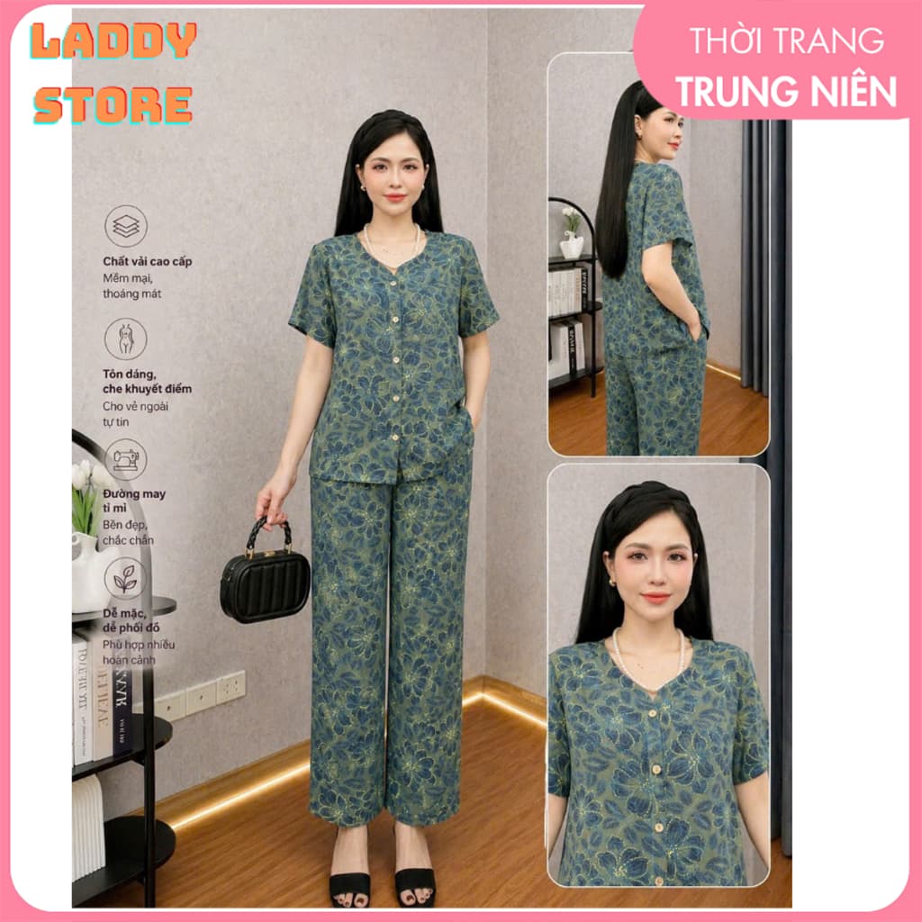 Bộ trung niên cho mẹ , bà cài khuy xu hướng chất lụa mát