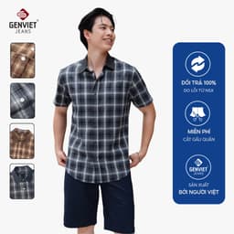Áo sơ mi nam cộc tay kẻ caro GENVIET JEANS chất thô thoảng mát form suông túi hai bên 9191 1