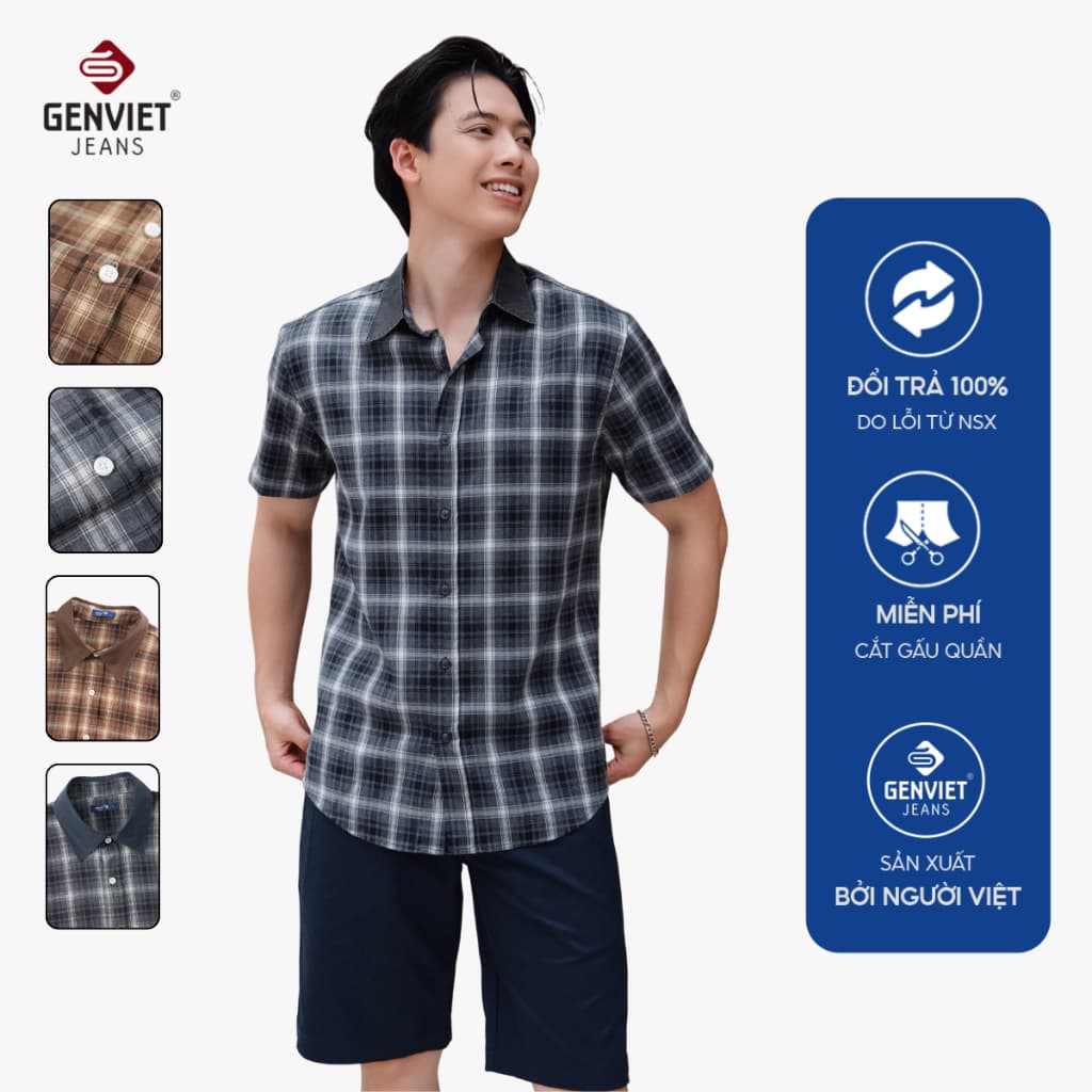 Áo sơ mi nam cộc tay kẻ caro GENVIET JEANS chất thô thoảng mát form suông túi hai bên 9191