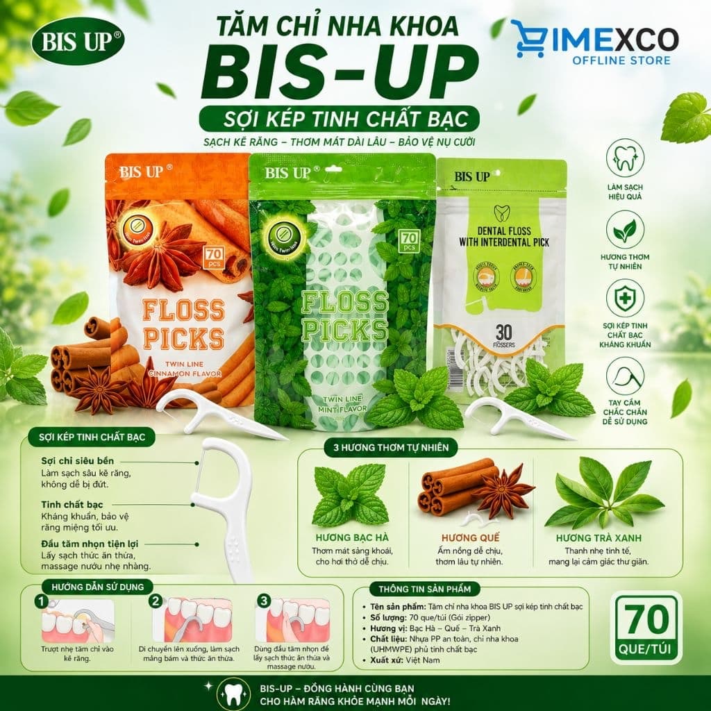 Tăm Chỉ Nha Khoa BIS-UP Sợi Kép Tinh Chất Bạc 70 Que/Túi – Làm Sạch Kẽ Răng, Thơm Miệng Bạc Hà/Quế/Trà Xanh