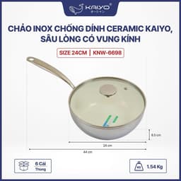 Chảo inox chống dính Ceramic Kaiyo, sâu lòng có vung kính size 24cm [mã KNW-6698] 2