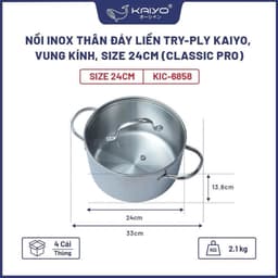Nồi inox thân đáy liền Try-Ply Kaiyo, vung kính, size 24cm (Classic Pro) [KIC-6858] 2