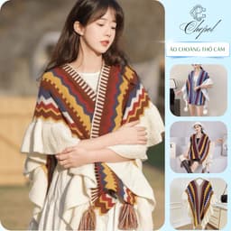Khăn len thổ cẩm viền bèo xinh xắn cho nữ, Áo choàng thổ cẩm dễ phối đồ, phù hợp đi du lịch Đà Lạt, Sâp 1