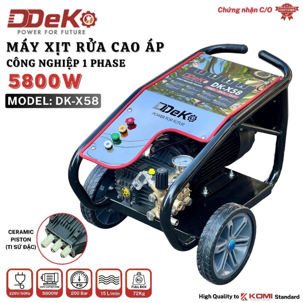 Máy xịt rửa áp lực cao DDEKO X58 loại Công nghiệp, công suất 5800W điện chuẩn 220V-230V chuyên rửa dịch vụ, BH 12 tháng