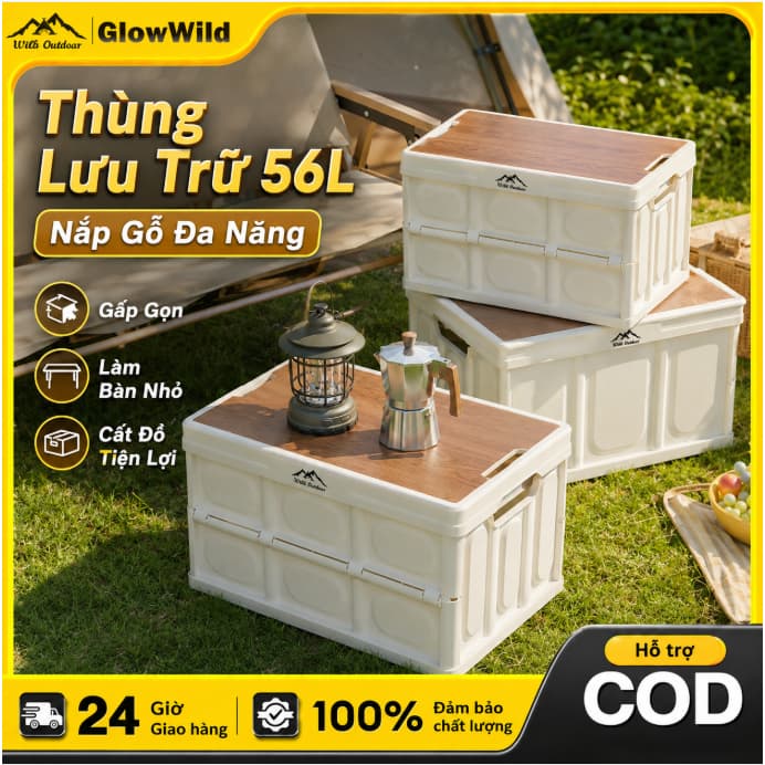 Bàn camping gấp gọn kết hợp hộp đựng đồ đa năng bằng nhựa, nắp gỗ MDF đi cắm trại, dã ngoại, picnic AMIZIN
