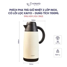 Phích pha trà giữ nhiệt 2 lớp inox có lõi lọc Kaiyo dung tích 1100ml, màu kem [mã KSV-3963] 2