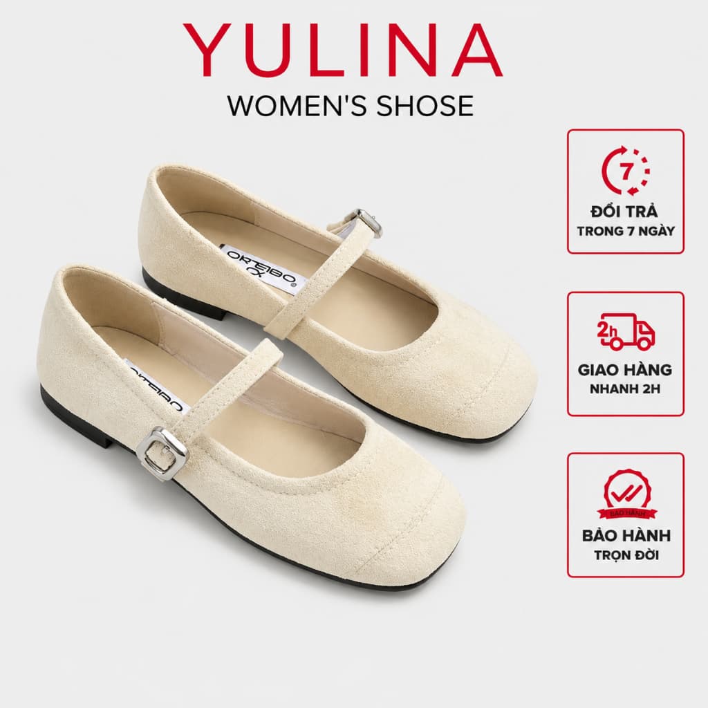 Giày búp bê nữ 𝙔𝙐𝙇𝙄𝙉𝘼 quai ngang phối khóa basic cao 1cm màu nâu đậm hot - E12