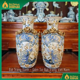 Đôi lộc bình Bát Tràng men rạn đắp nổi Cuốn Thư Phúc Đức, Hoa Kênh Bong - Lục bình thờ cúng trang trí 2