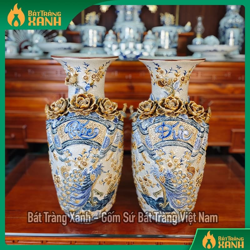 Đôi lộc bình Bát Tràng men rạn đắp nổi Cuốn Thư Phúc Đức, Hoa Kênh Bong - Lục bình thờ cúng trang trí