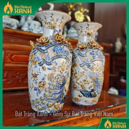 Đôi lộc bình Bát Tràng men rạn đắp nổi Cuốn Thư Phúc Đức, Hoa Kênh Bong - Lục bình thờ cúng trang trí 5