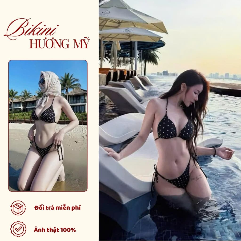 Bikini hai mảnh, đồ bơi nữ chấm bi đen, nâu buộc dây tôn dáng (Hỏa Tốc-HCM)