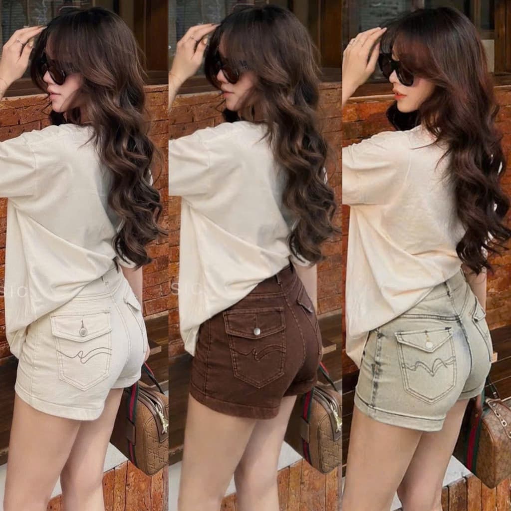 Quần Short Jeans Túi Nắp Kiểu Nhiều Màu Chất Jean Denim Co Giãn Fix Dáng Quần Short Cạp Thấp Nâu Choco