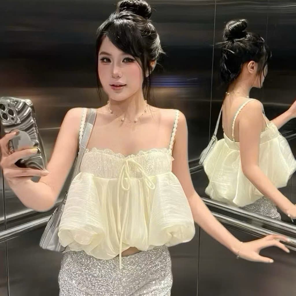 Áo 2 dây bí phồng xoè phối ren TRANGCLOTHINGG Áo dây bí đi biển du lịch mùa hè HA1