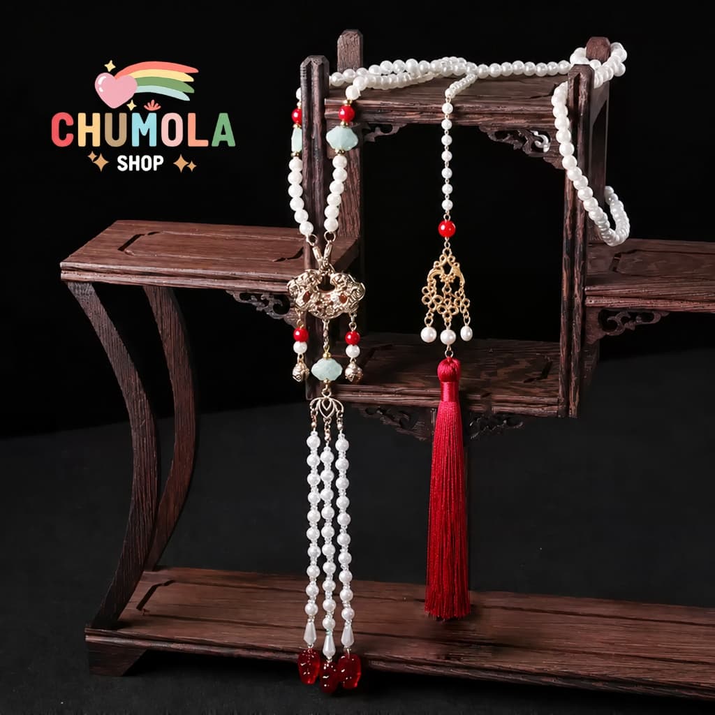 Vòng Cổ Dây Chuyền Ngọc Trai Charm Trường Mệnh Cổ Điển  – Dây Chuyền Kèm Tua Rua Sang Trọng Phụ Kiện Nữ Tính Tiểu Thư