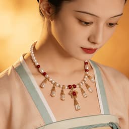 Dây Chuyền Vòng Cổ Ngọc Trai Charm Hoa Rơi Đỏ – Phong Cách Cổ Trang Quý Phái Phụ Kiện Tiểu Thư Cổ Điển Cao Cấp 2