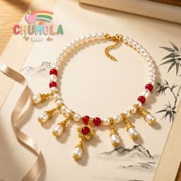 Dây Chuyền Vòng Cổ Ngọc Trai Charm Hoa Rơi Đỏ – Phong Cách Cổ Trang Quý Phái Phụ Kiện Tiểu Thư Cổ Điển Cao Cấp 1