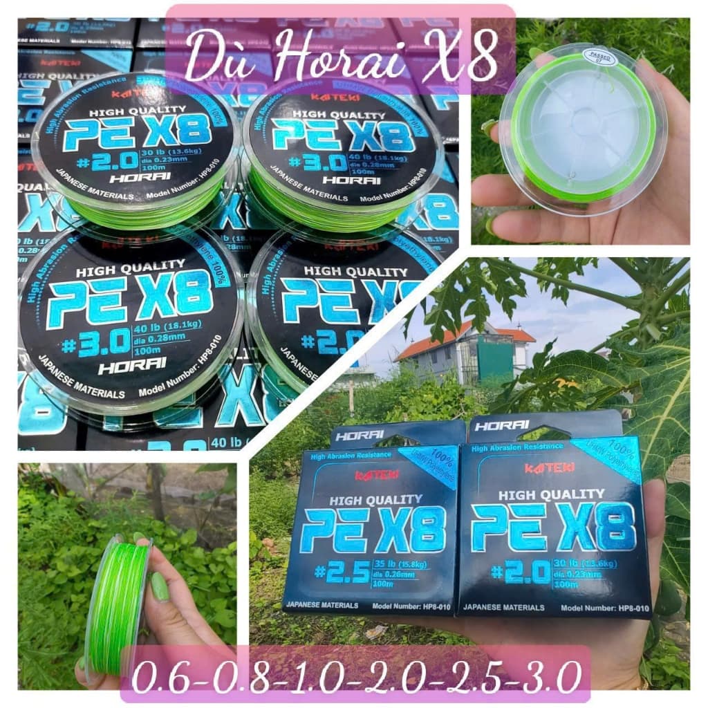 Dây Dù Câu Cá PE X8 Horai, Chuyên Câu LURE Chất Liệu 100% UHMW Polyethylene Cuộn 100M