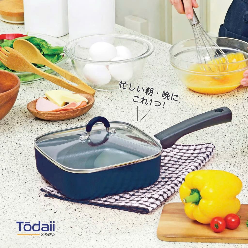 Chảo vuông chống dính có nắp kính Todaii - size 18cm, xanh navy