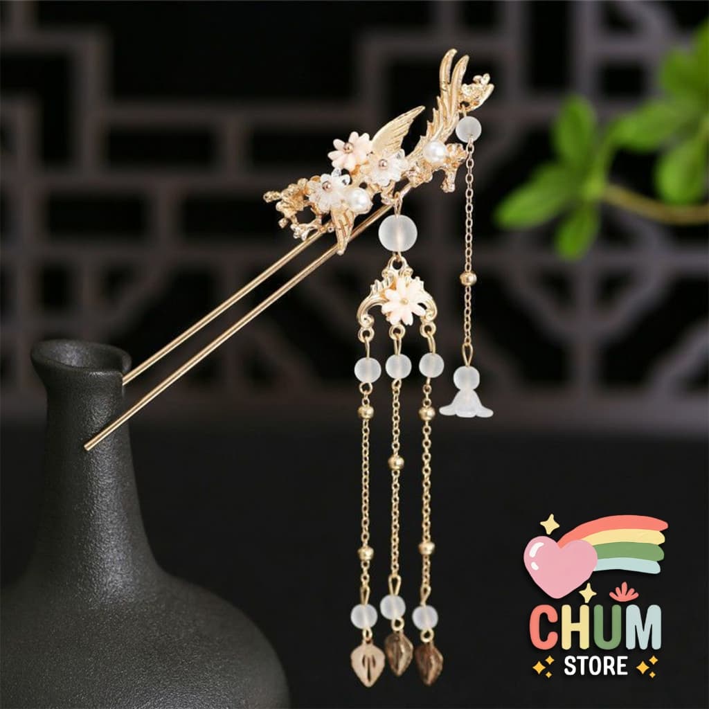 Trâm Phượng hoàng dục hỏa Công xanh thiết kế sang trọng phụ kiện cài tóc cô dâu
