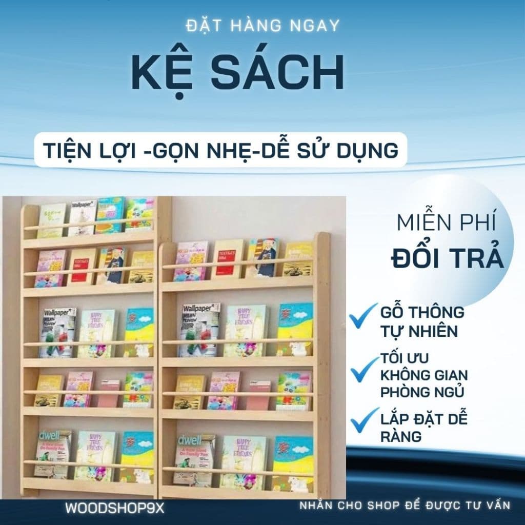 Kệ Sách Gỗ Treo Tường Cho Bé Không Cần Khoan - Giá Sách Montessori Sách, Đồ Chơi - Tiện Dụng, An Toàn, Gỗ Thông Tự Nhien