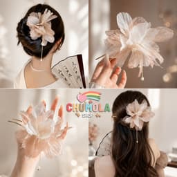 Trâm Cài Tóc Chữ U Hoa Voan Phối Tua Thả Ngọc Cao Cấp - Phụ Kiện Tóc Thanh Lịch Nhẹ Nhàng 1