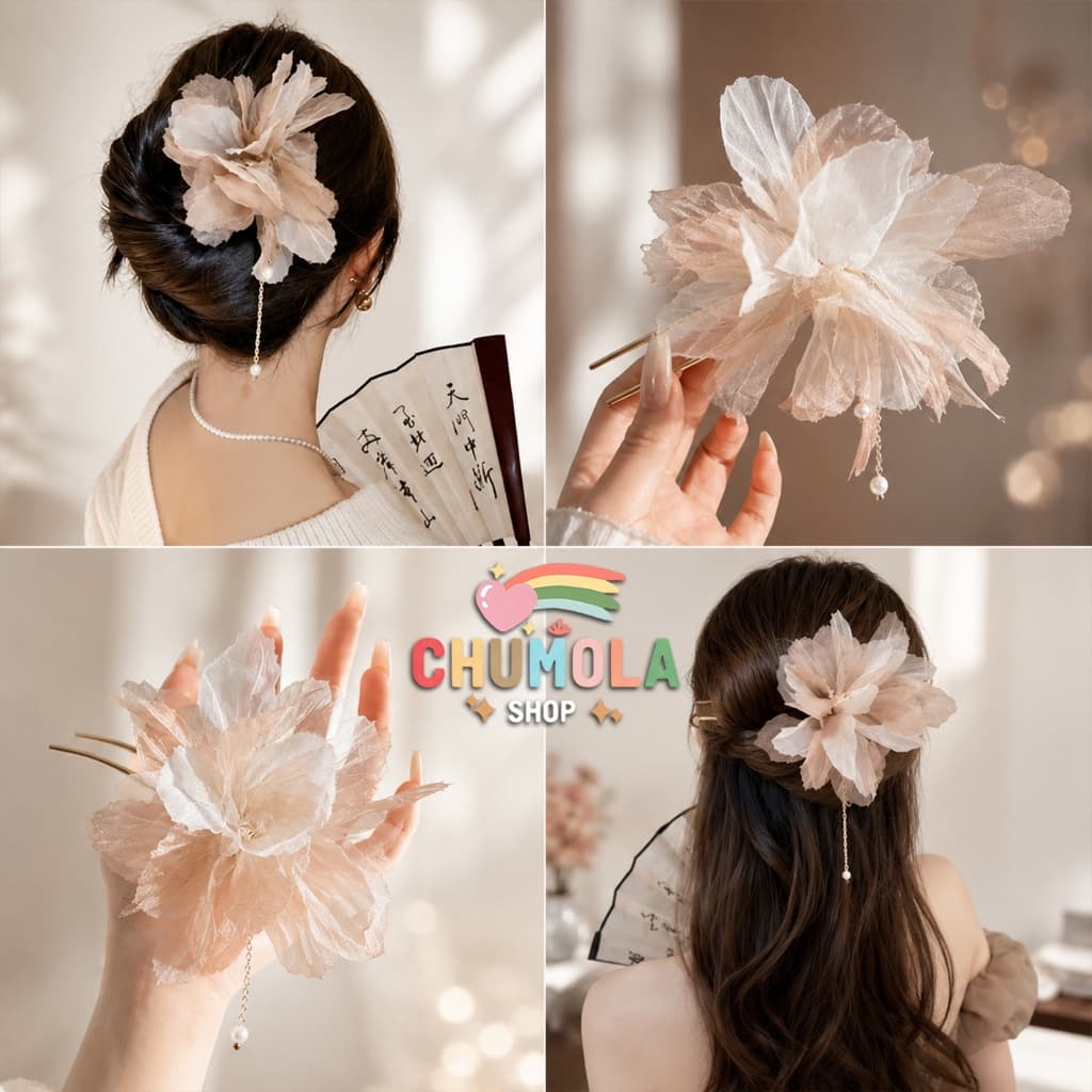 Trâm Cài Tóc Chữ U Hoa Voan Phối Tua Thả Ngọc Cao Cấp - Phụ Kiện Tóc Thanh Lịch Nhẹ Nhàng