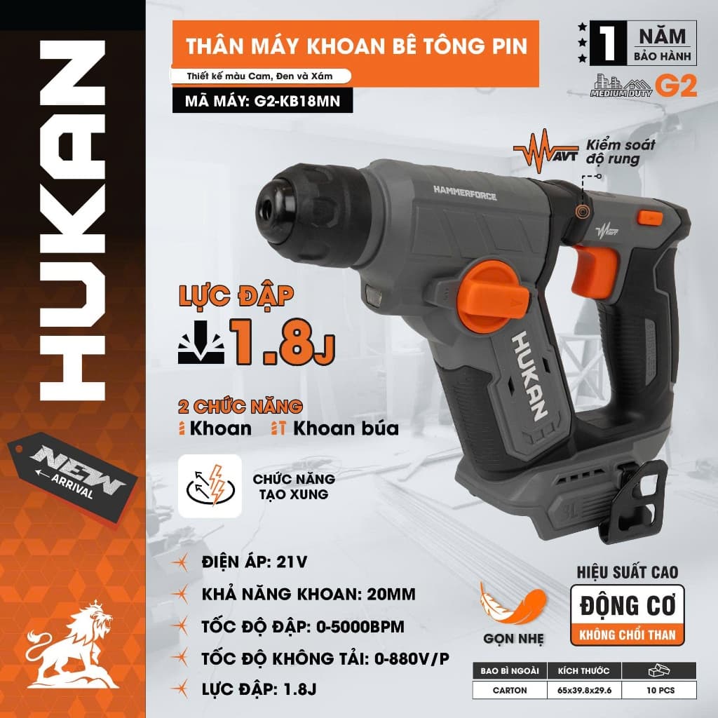 Máy khoan bê tông nhỏ gọn G2-KB18MN, Lực búa 1.8Jun siêu khoẻ, Có chống rung, Không chổi than