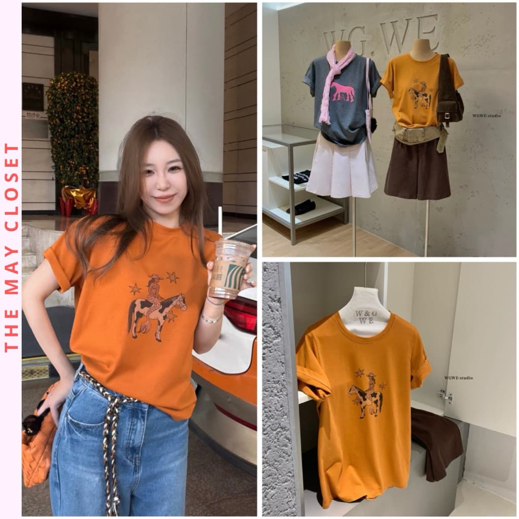 [SẴN] 𝑻𝒉𝒆𝑴𝒂𝒚 x 𝐖𝐆𝐖𝐄/ Áo Thun Nữ Form Rộng Cotton Mát 𝐖𝐆𝐖𝐄 9618, Áo Phông Cổ Tròn Tay Ngắn In Hình Ngựa Basic