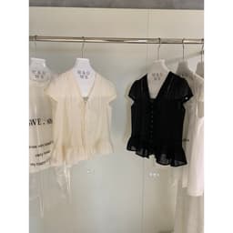 𝑨𝒏𝒏 𝑺𝒕𝒖𝒅𝒊𝒐  [SẴN]𝐖𝐆𝐖𝐄/ Áo Sơ Mi Nữ Cổ V Buộc Nơ Phối Ren WG.WE 9123 Bèo Gấu Ngắn Tay Kiểu Tiểu Thư 2