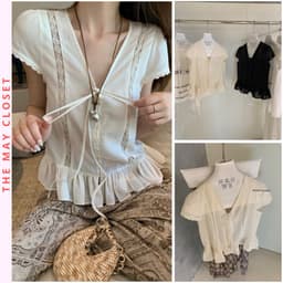 𝑨𝒏𝒏 𝑺𝒕𝒖𝒅𝒊𝒐  [SẴN]𝐖𝐆𝐖𝐄/ Áo Sơ Mi Nữ Cổ V Buộc Nơ Phối Ren WG.WE 9123 Bèo Gấu Ngắn Tay Kiểu Tiểu Thư 1