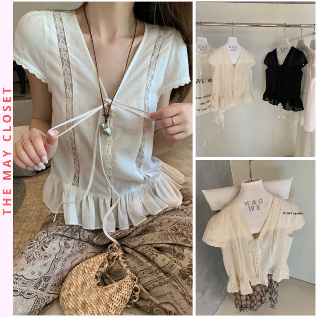 𝑨𝒏𝒏 𝑺𝒕𝒖𝒅𝒊𝒐  [SẴN]𝐖𝐆𝐖𝐄/ Áo Sơ Mi Nữ Cổ V Buộc Nơ Phối Ren WG.WE 9123 Bèo Gấu Ngắn Tay Kiểu Tiểu Thư