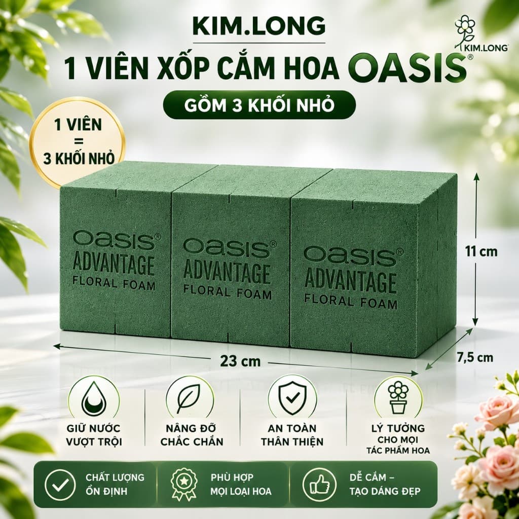 Xốp Cắm Hoa Tươi OASIS Xanh Cao Cấp - Giữ Nước Tốt Cho Hoa Cưới, Hoa Trang Trí Sự Kiện.