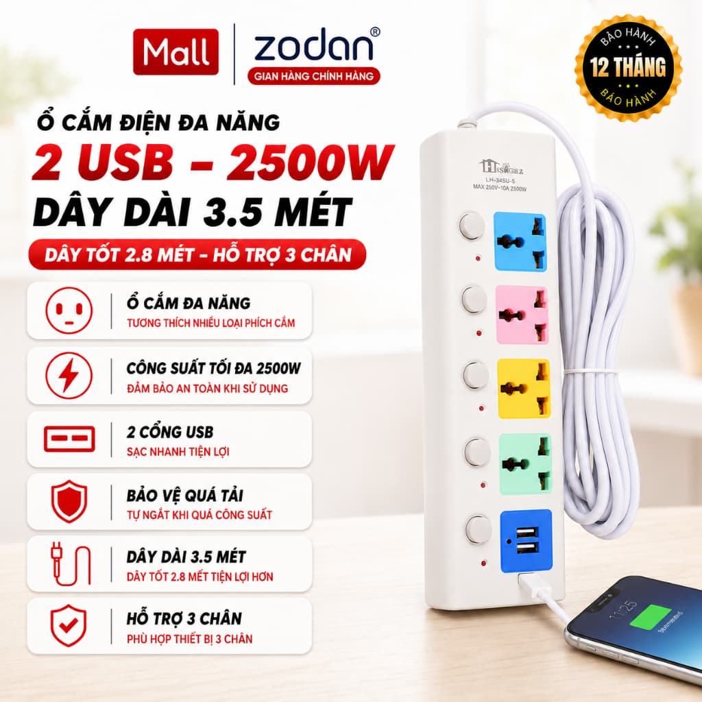 Ổ Cắm Điện USB Đa Năng Cao Cấp Chống Giật Dài 4m, 2 Cổng Cắm USB Chốt An Toàn Tiện Dụng gd1511