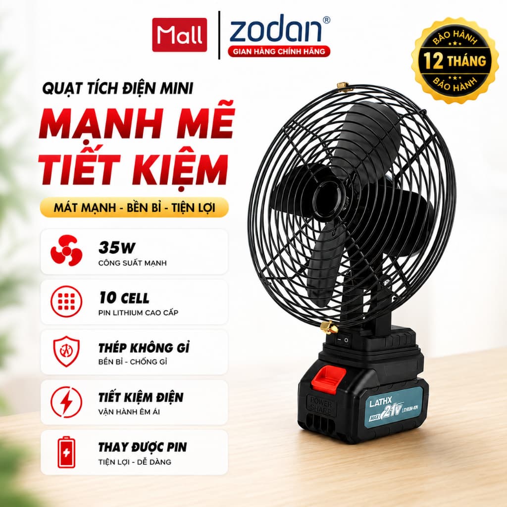 [VỪA MỞ BÁN] Quạt Tích Điện Để Bàn Pin 10 Cell - Lồng Sắt, 2 Tốc Độ, Bảo Hành 1 năm