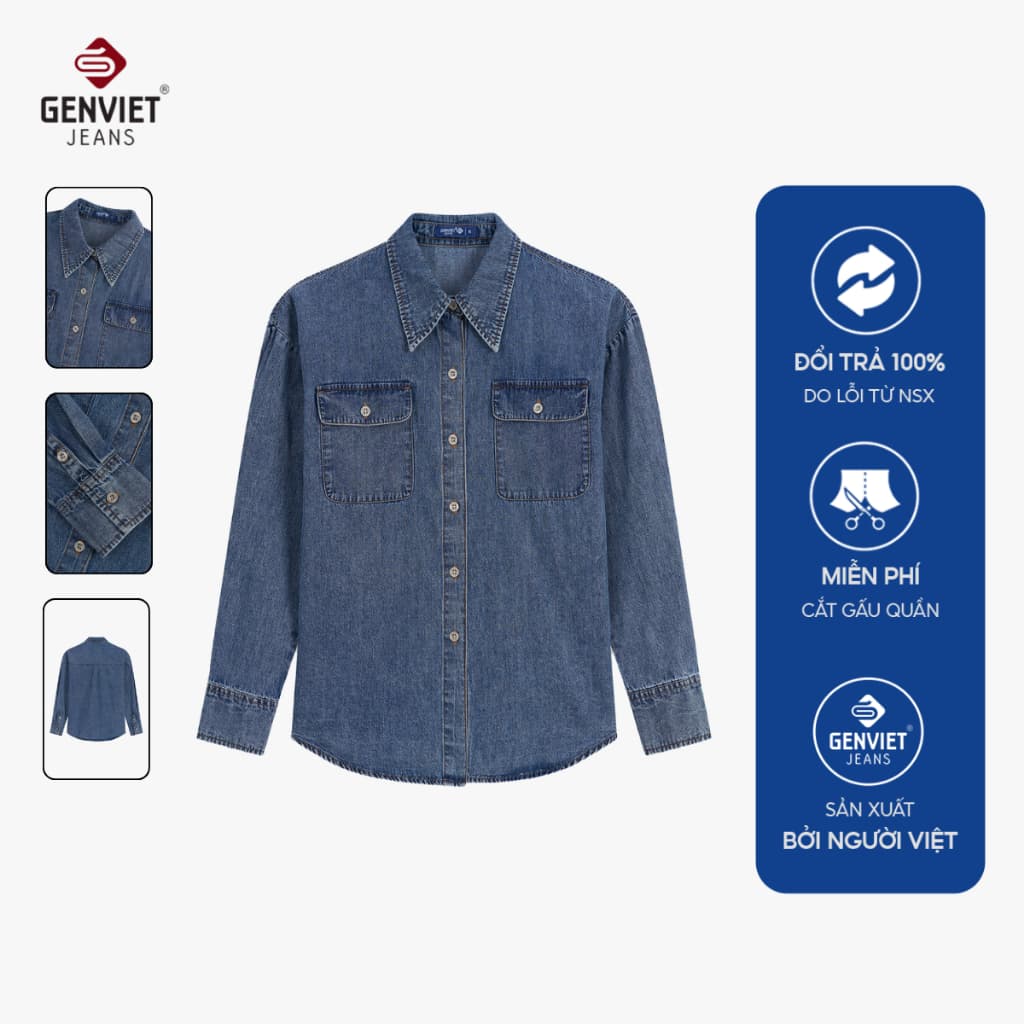 Áo sơ mi Jeans nữ dài tay GENVIET JEANS áo khoác dáng suông basic che khuyết điểm bắp tay cao cấp 9053