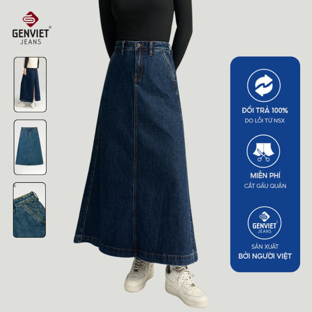 Chân váy jean midi dáng A suông GENVIET JEANS vải denim cạp cao giấu bụng tôn eo 8831
