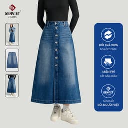 Chân váy dài chữ A GENVIET JEANS denim co giãn tốt xẻ tà trước cúc thời trang basic dễ phối đồ 8829 1