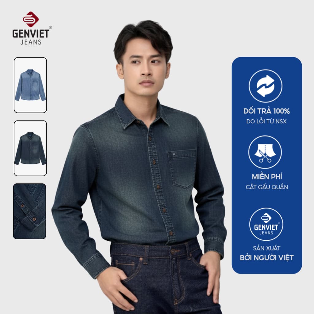 [ẨN] Áo sơ mi jean nam GENVIET JEANS dài tay dáng ôm vải denim cotton mềm hiệu ứng giặt loang basic tôn dáng 9092